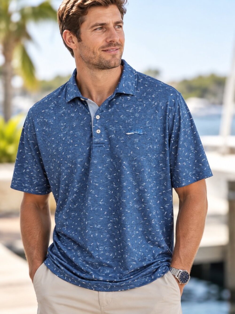 Johnnie-O Men’s XL Blue Performance Polo Golf Shirt Micro Print Stretch Coastal